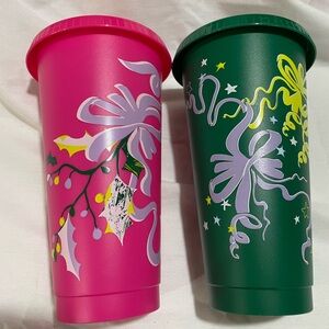Set of 2 Starbucks green and pink plastic travel tumblers with lids